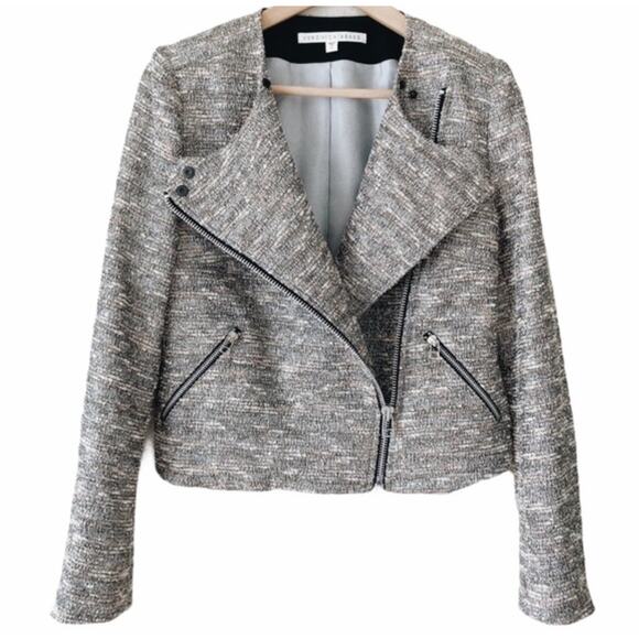 VERONICA BEARD Mara Moto Biker Jacket Tweed Metallic Silver Gray Sz 8 {3G13}